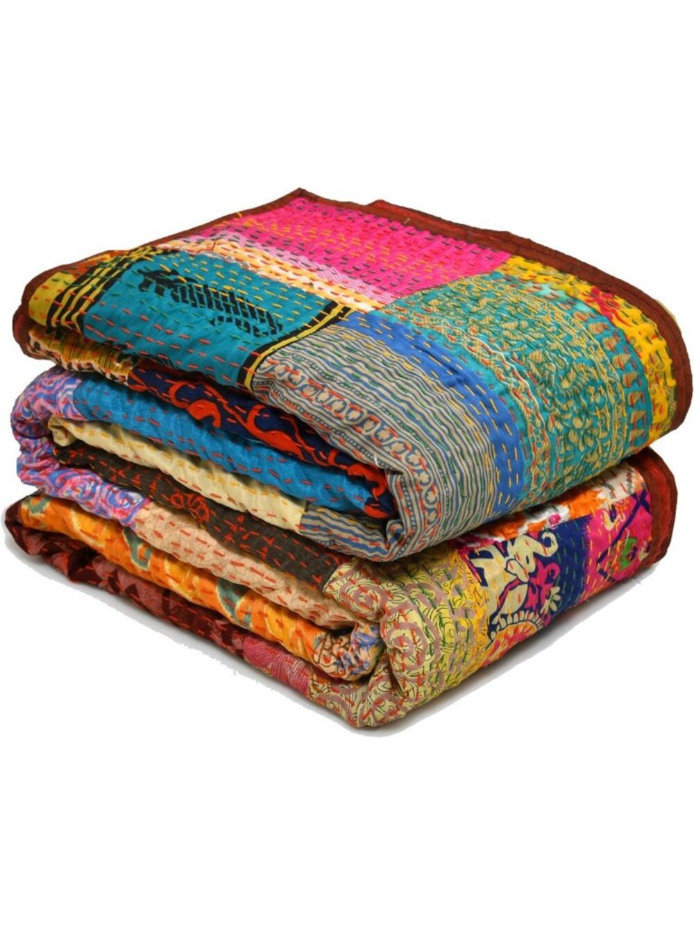 Handmade Indian Kantha Quilt Throw - Reversible Bohemian Silk Sari Bedding